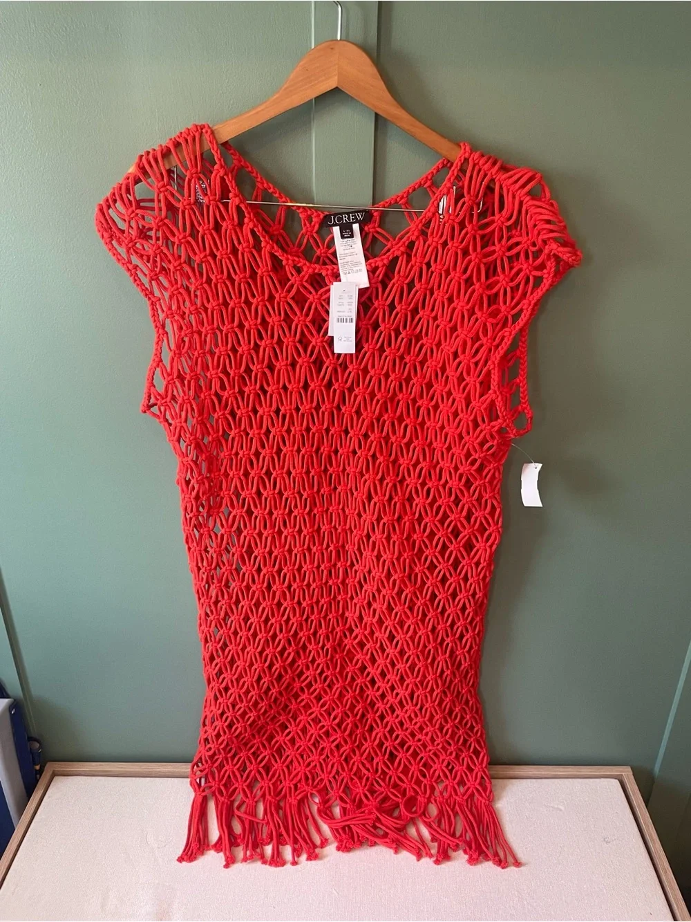 J.Crew macramé midi dress/beach cover up is featured in a vibrant coral red